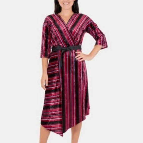 Ny Collection Striped Velvet Faux-Wrap Dress, Size Small - Picture 1 of 1